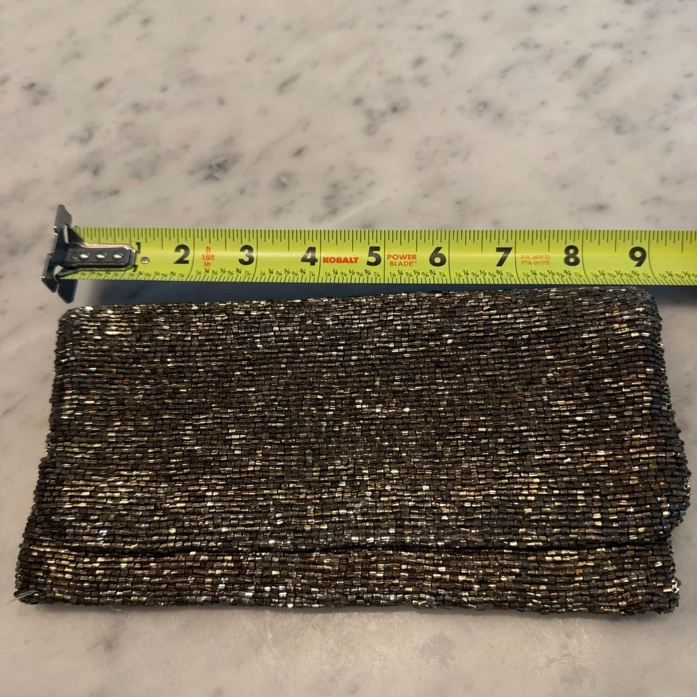 Moyna Metallic Bronze Beaded Foldover Clutch Evening Bag Zipper Closure Handbag